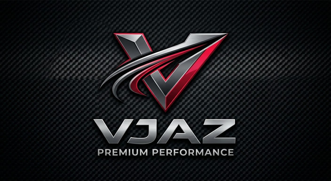 VJAZ emblem: chrome and crimson V-blade on carbon fiber
